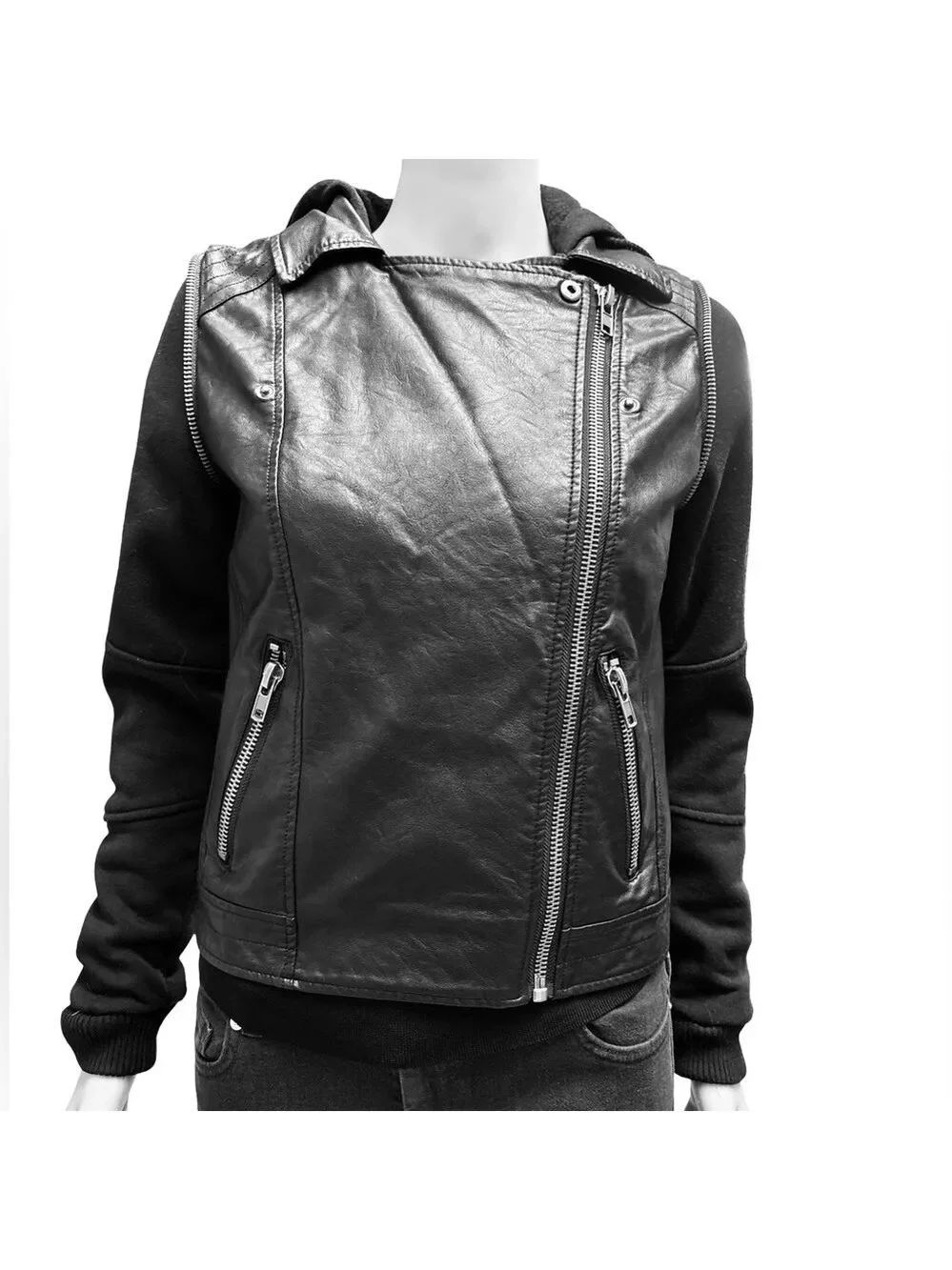 Jolt Black Vegan Leather Hooded Moto Jacket for Women Size Small NWT